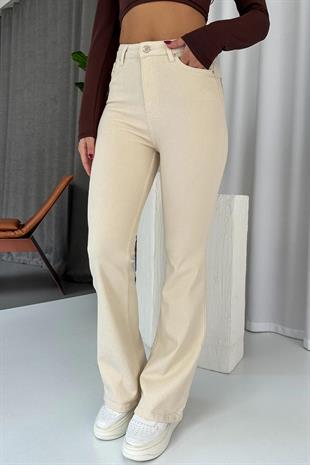 Flare Likralı Yüksek Bel İspanyol Paça Jean - Bej