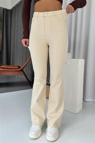 Flare Likralı Yüksek Bel İspanyol Paça Jean - Bej