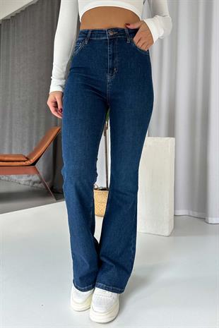 Flare Likralı Yüksek Bel İspanyol Paça Jean - Lacivert
