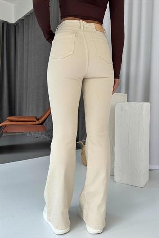 Flare Likralı Yüksek Bel İspanyol Paça Jean - Bej