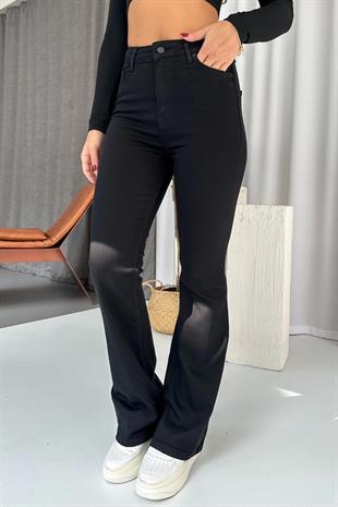 Flare Yüksek Bel  Likralı İspanyol Paça Jean - Siyah