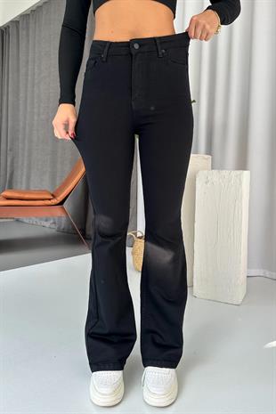 Flare Yüksek Bel  Likralı İspanyol Paça Jean - Siyah