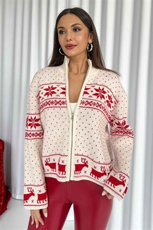 Geyik İşlemeli Fermuar Detaylı Kadın Hırka - Kırmızı