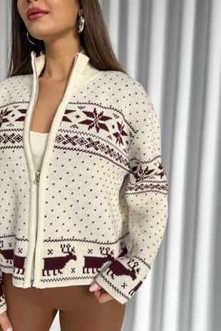 Geyik İşlemeli Fermuar Detaylı Kadın Hırka - Bordo