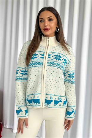 Geyik İşlemeli Fermuar Detaylı Kadın Hırka - Mavi