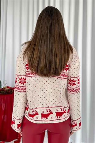 Geyik İşlemeli Fermuar Detaylı Kadın Hırka - Kırmızı