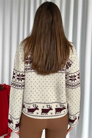 Geyik İşlemeli Fermuar Detaylı Kadın Hırka - Bordo