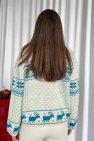 Geyik İşlemeli Fermuar Detaylı Kadın Hırka - Mavi