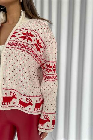 Geyik İşlemeli Fermuar Detaylı Kadın Hırka - Kırmızı