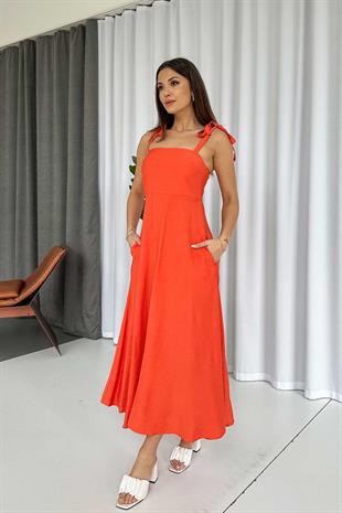 Gipeli Askılı Dokuma Çan Elbise - Turuncu