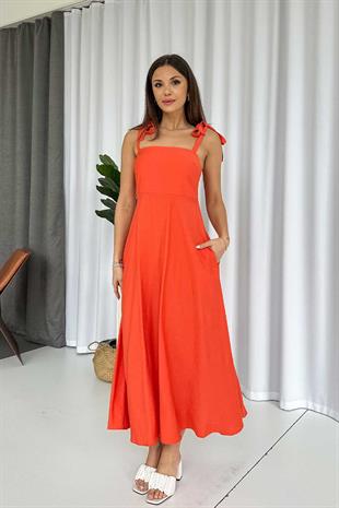 Gipeli Askılı Dokuma Çan Elbise - Turuncu