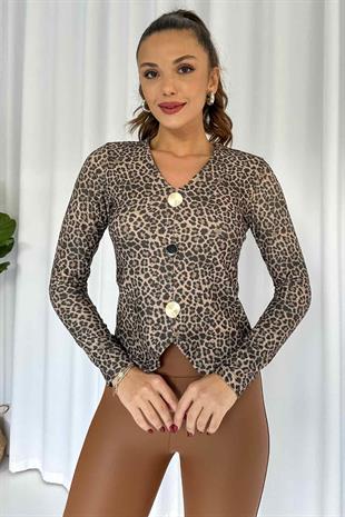 Gold Düğme Detay Leopar V Yaka Bluz - Kahverengi