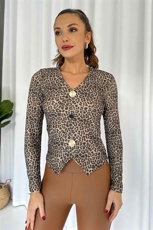 Gold Düğme Detay Leopar V Yaka Bluz - Kahverengi