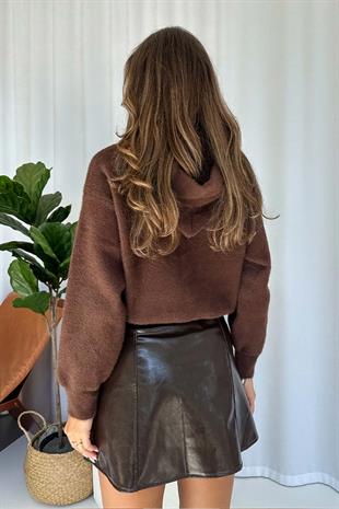 Gold Düğme Detaylı Deri  Kadın Etek - Kahverengi