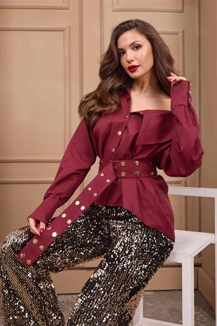 Gold Düğme Detaylı Kemerli Kadın Gömlek - Bordo