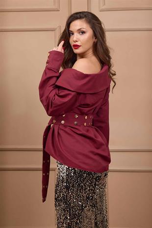 Gold Düğme Detaylı Kemerli Kadın Gömlek - Bordo