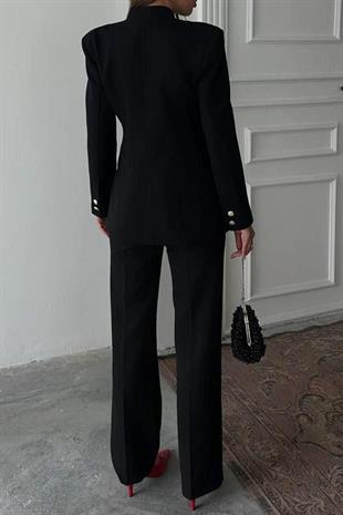Gold Düğmeli Ceket Pantalon Kadın Takım - Siyah