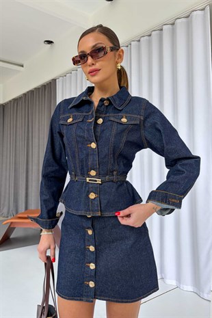 Gold Düğmeli Kadın Etekli Denim Takım