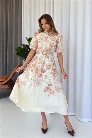 Gold Kemerli Çiçek Desen Uzun Elbise - Ekru