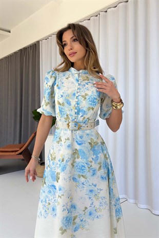 Gold Kemerli Çiçek Desen Uzun Elbise - Mavi