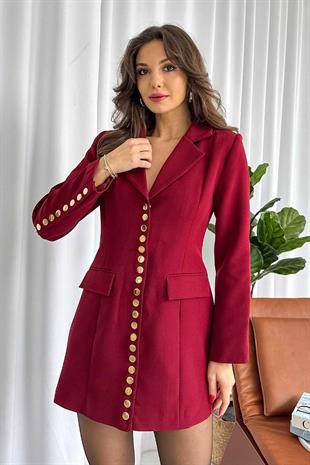Gold Zımba Detay Kadın Süs Cep Ceket - Kırmızı