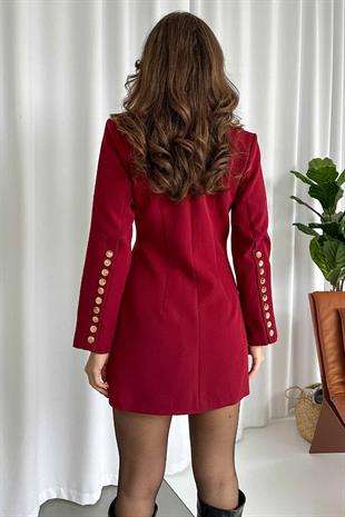 Gold Zımba Detay Kadın Süs Cep Ceket - Kırmızı