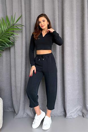 Gömlek Yaka Kısa Basic Sweatshirt - Siyah