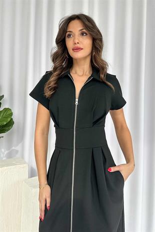 Gömlek Yaka Kısa Kol Fermuar Detaylı Kadın Elbise - Siyah