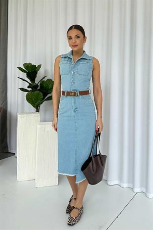 Gömlek Yaka Midi Boy Denim Kadın Elbise - Açık Mavi