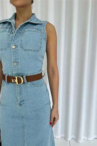 Gömlek Yaka Midi Boy Denim Kadın Elbise - Açık Mavi