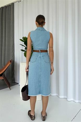 Gömlek Yaka Midi Boy Denim Kadın Elbise - Açık Mavi