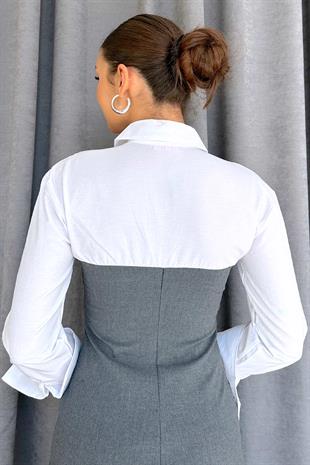 Gömlek Yaka Straplez Detaylı Kadın Elbise - Gri