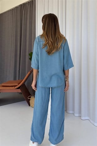 Gömlekli Tensel Denim Takım - Mavi