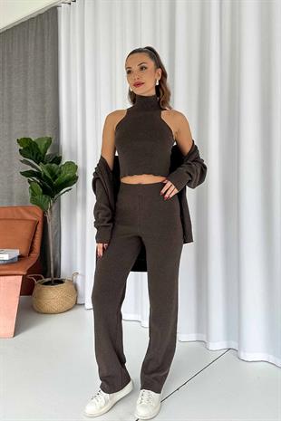 Halter Yaka Crop Hırka Pantolon 3lü Triko Takım - Kahverengi