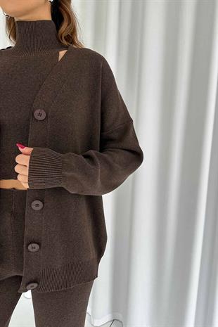 Halter Yaka Crop Hırka Pantolon 3lü Triko Takım - Kahverengi