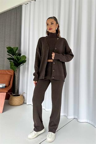 Halter Yaka Crop Hırka Pantolon 3lü Triko Takım - Kahverengi