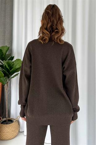 Halter Yaka Crop Hırka Pantolon 3lü Triko Takım - Kahverengi