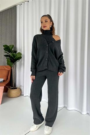 Halter Yaka Crop Hırka Pantolon 3lü Triko Takım - Antrasit