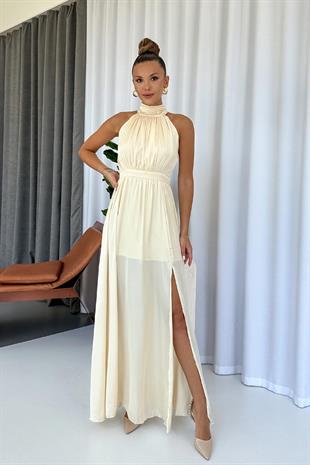 Halter Yaka Saten Kadın Elbise -Bej