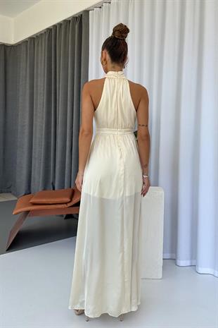 Halter Yaka Saten Kadın Elbise -Bej
