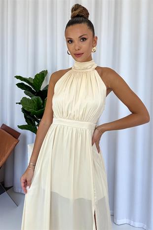 Halter Yaka Saten Kadın Elbise -Bej