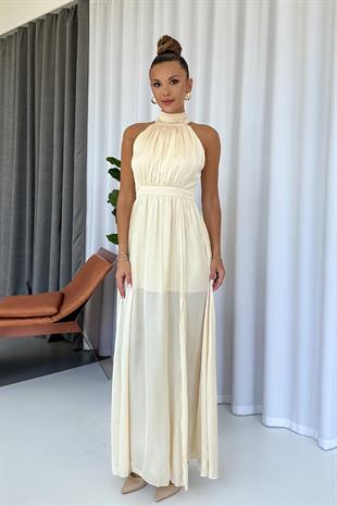 Halter Yaka Saten Kadın Elbise -Bej