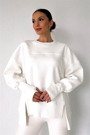 İçi Şardonlu 3 iplik Parmak Detaylı Kadın Sweatshirt - Beyaz