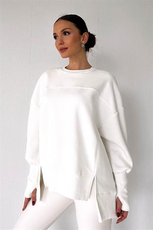 İçi Şardonlu 3 iplik Parmak Detaylı Kadın Sweatshirt - Beyaz