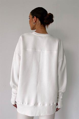 İçi Şardonlu 3 iplik Parmak Detaylı Kadın Sweatshirt - Beyaz