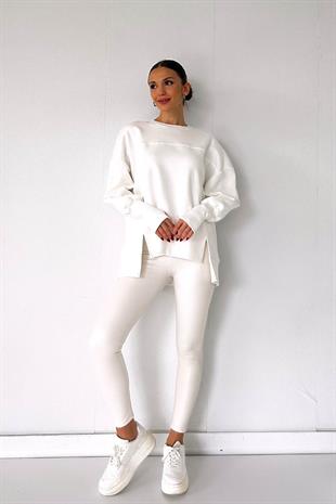 İçi Şardonlu 3 iplik Parmak Detaylı Kadın Sweatshirt - Beyaz