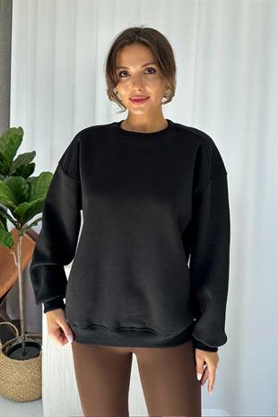 İçi Şardonlu Bisiklet Yaka 3 Renk Kadın Sweatshirt - Siyah