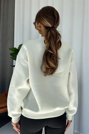 İçi Şardonlu Bisiklet Yaka 3 Renk Kadın Sweatshirt - Beyaz