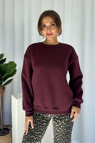 İçi Şardonlu Bisiklet Yaka 3 Renk Kadın Sweatshirt - Mürdüm