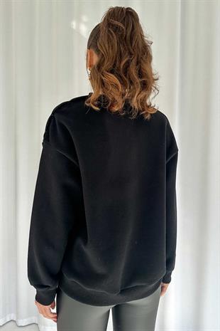 İçi Şardonlu Düşük Omuz Detaylı Kadın Sweatshirt - Siyah